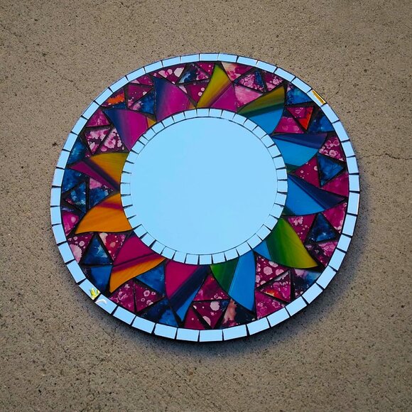 Inlaid Multi Colored Stained Glass Mosaic Handmade Round Wall Mirror - Picture 5 of 11